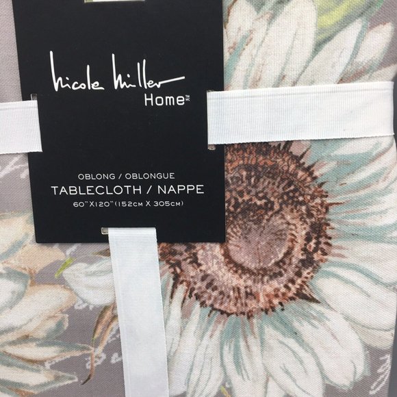 Nicole Miller Sunflower Script Fall Tablecloth Aqua White Gray 60x120 Fabric - Picture 6 of 11